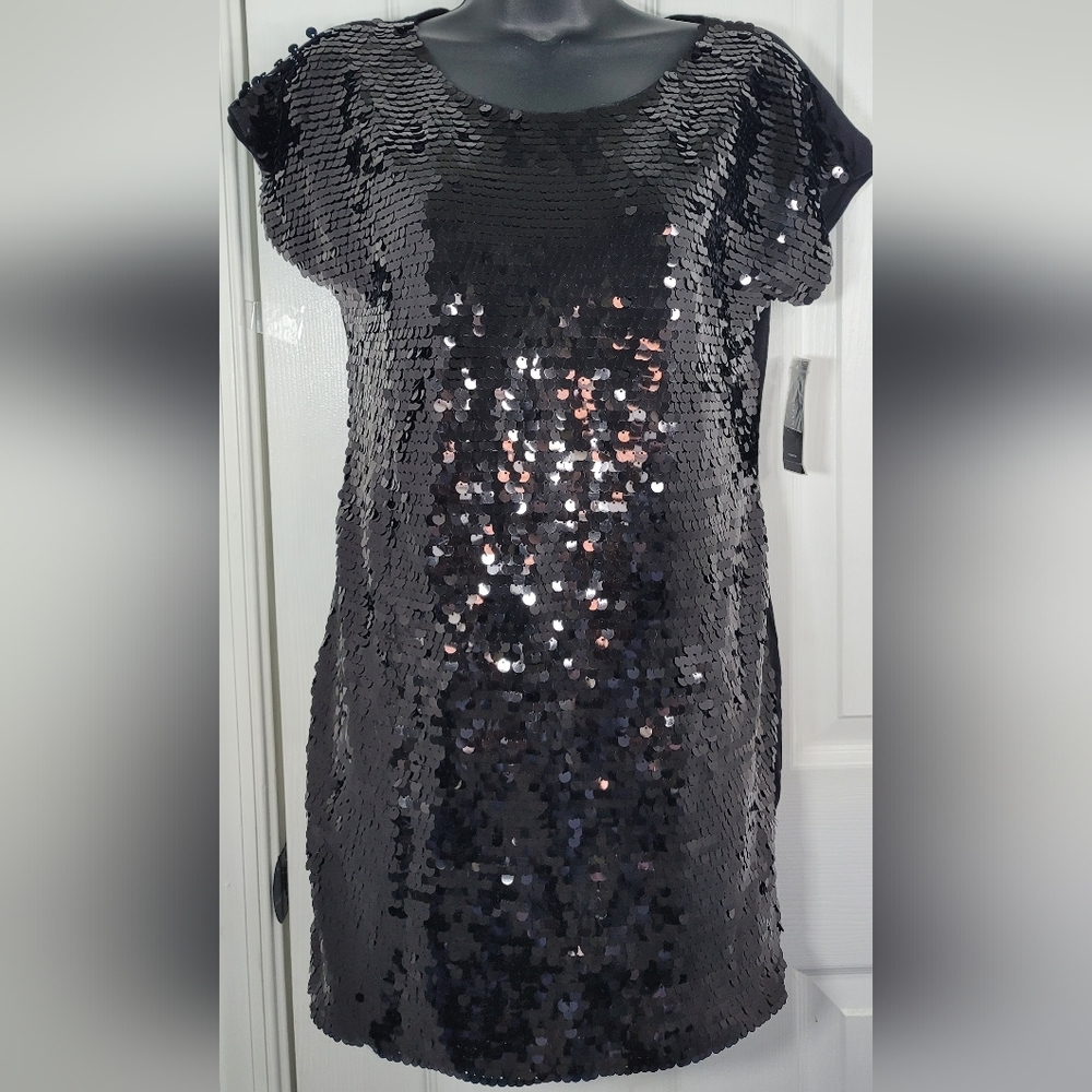ALFANI Black Sequin Front Dress Jersey Back Stretch  Petite Small